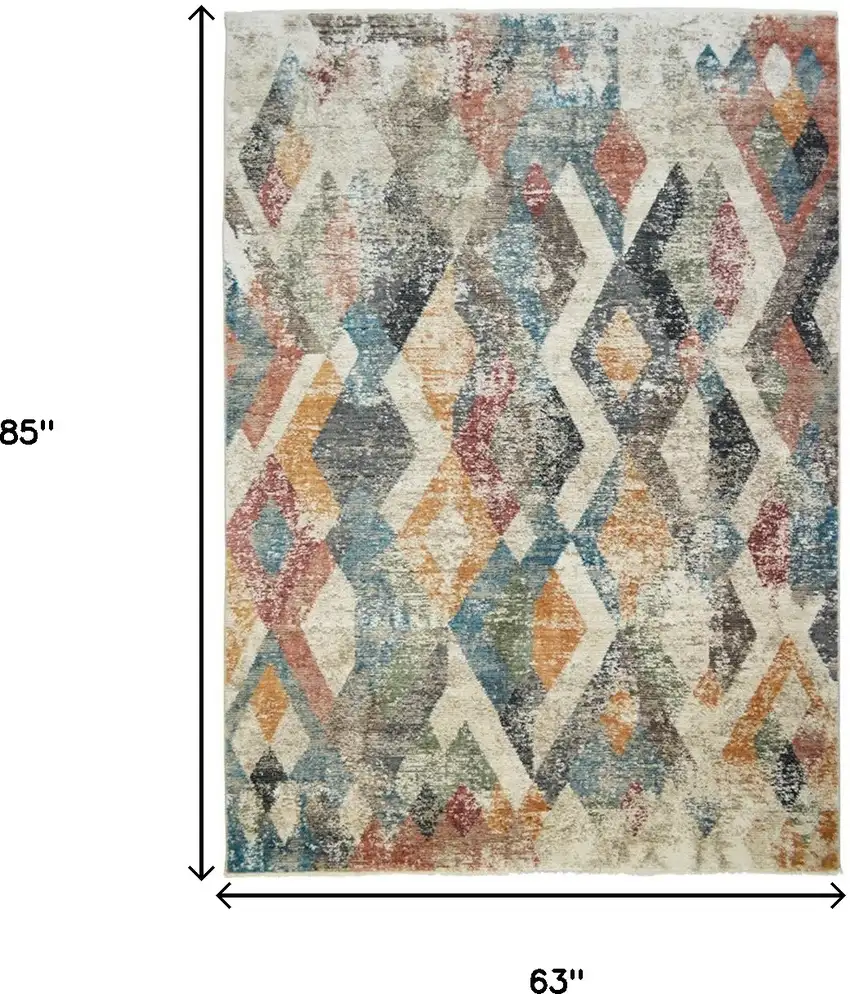 Beige Blue and Gray Geometric Distressed Area Rug With Fringe Photo 5