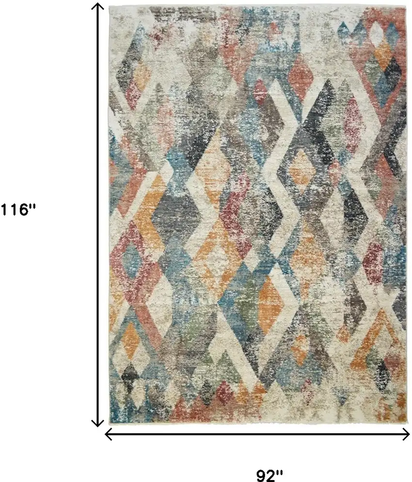 Beige Blue and Gray Geometric Distressed Area Rug With Fringe Photo 5