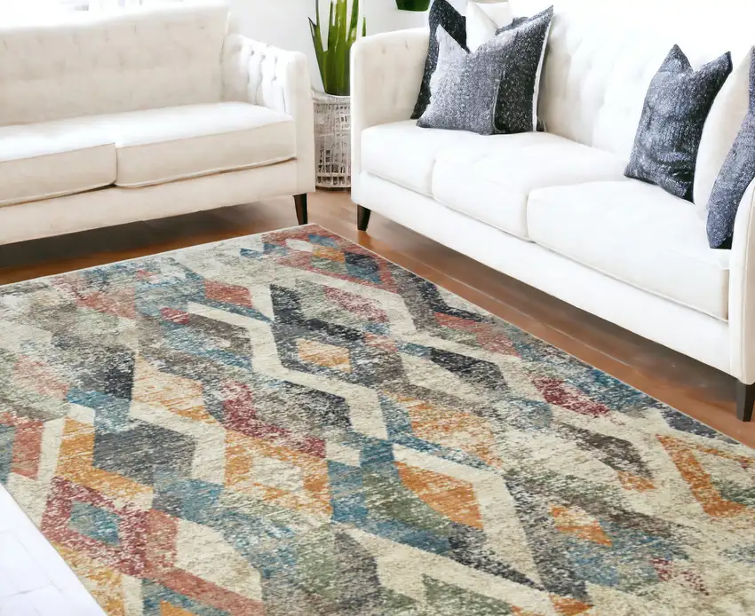 Beige Blue and Gray Geometric Distressed Area Rug With Fringe Photo 1