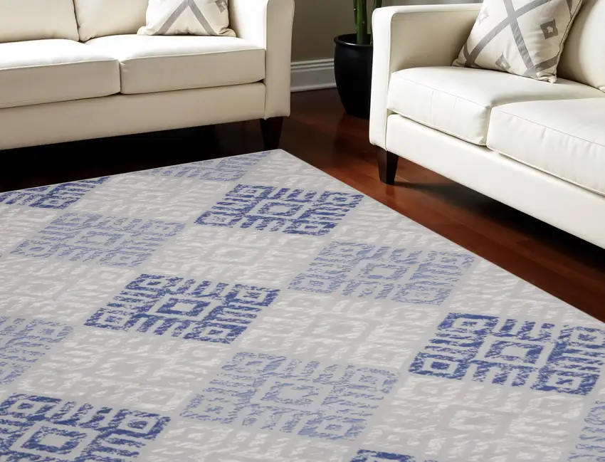 Beige Blue and Gray Geometric Distressed Non Skid Area Rug Photo 1