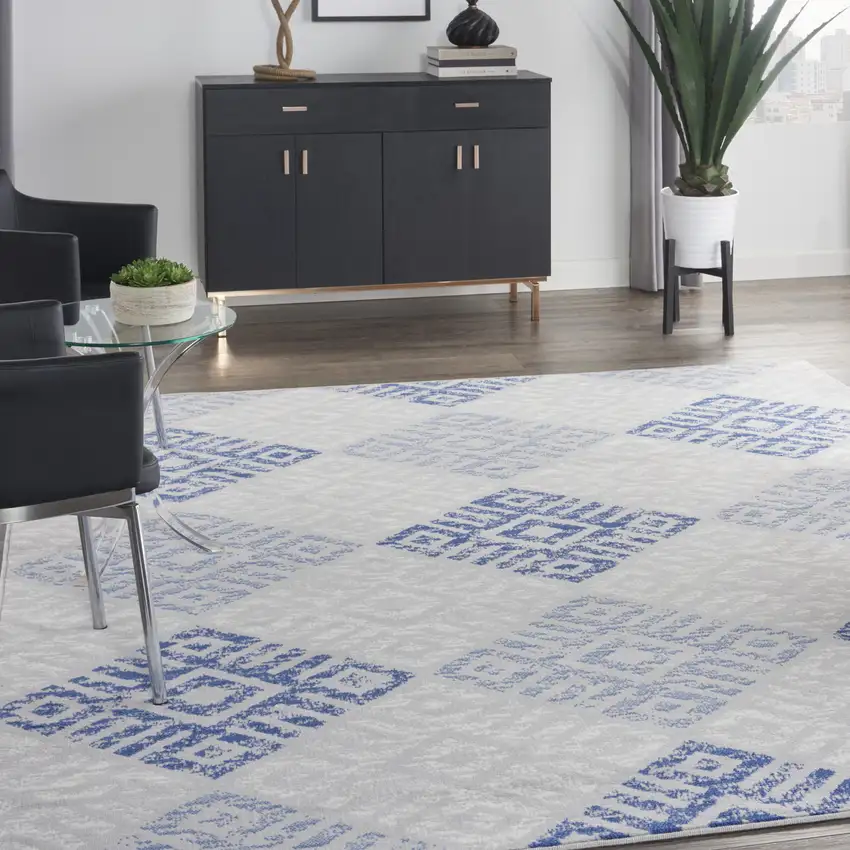 Beige Blue and Gray Geometric Distressed Non Skid Area Rug Photo 4