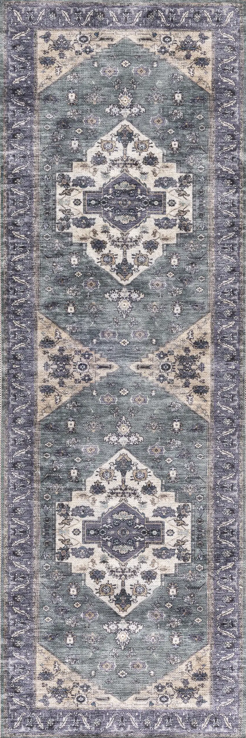 Beige Blue and Gray Oriental Power Loom Distressed Washable Non Skid Runner Rug Photo 2