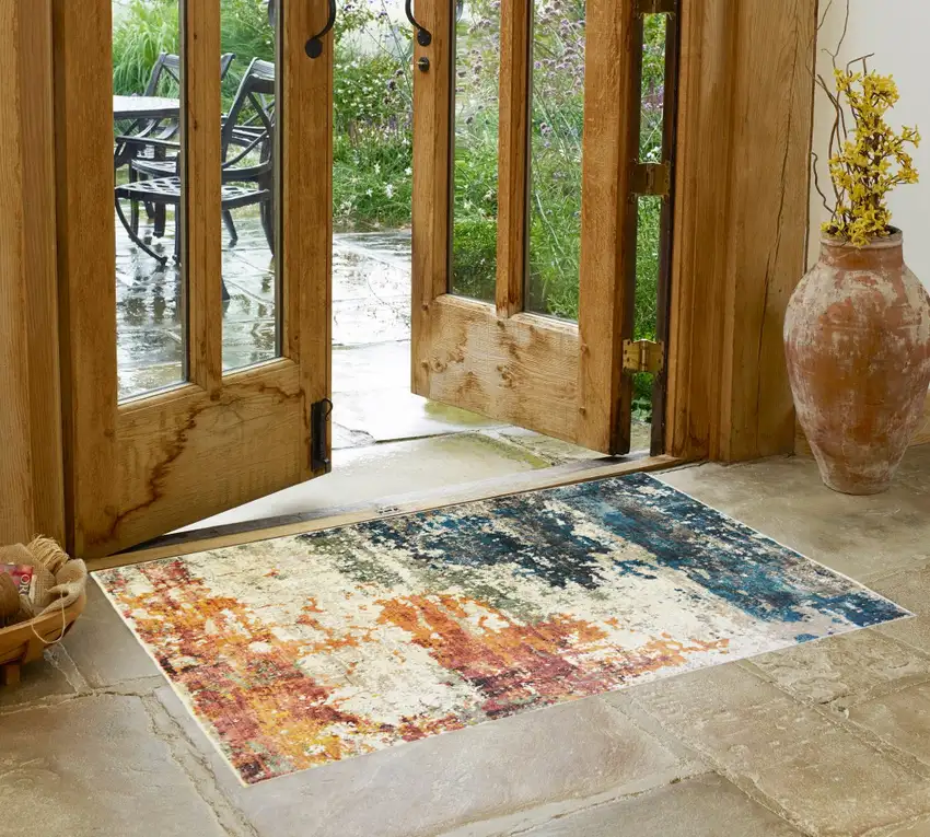 Beige Blue and Ivory Abstract Distressed Area Rug With Fringe Photo 1