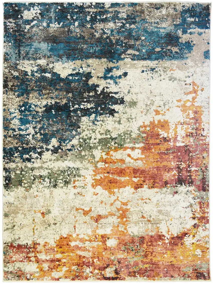 Beige Blue and Ivory Abstract Distressed Area Rug With Fringe Photo 2