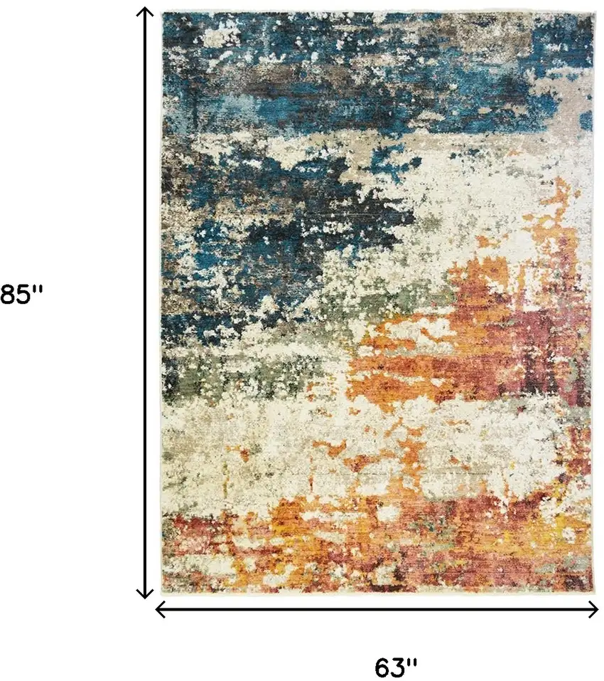 Beige Blue and Ivory Abstract Distressed Area Rug With Fringe Photo 5