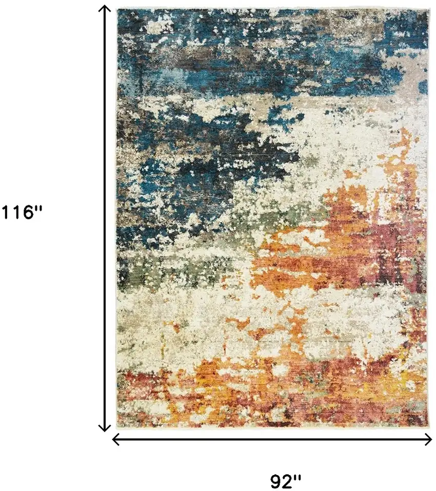 Beige Blue and Ivory Abstract Distressed Area Rug With Fringe Photo 6