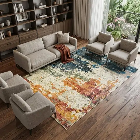 Beige Blue and Ivory Abstract Distressed Area Rug With Fringe Photo 1