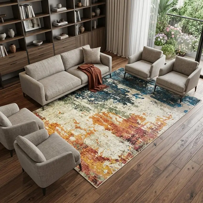 Beige Blue and Ivory Abstract Distressed Area Rug With Fringe Photo 1