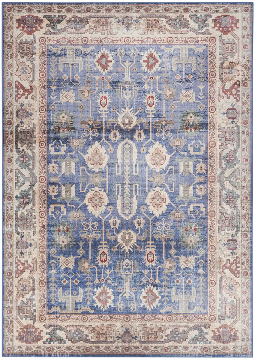 Beige Blue and Red Oriental Distressed Non Skid Area Rug Photo 2
