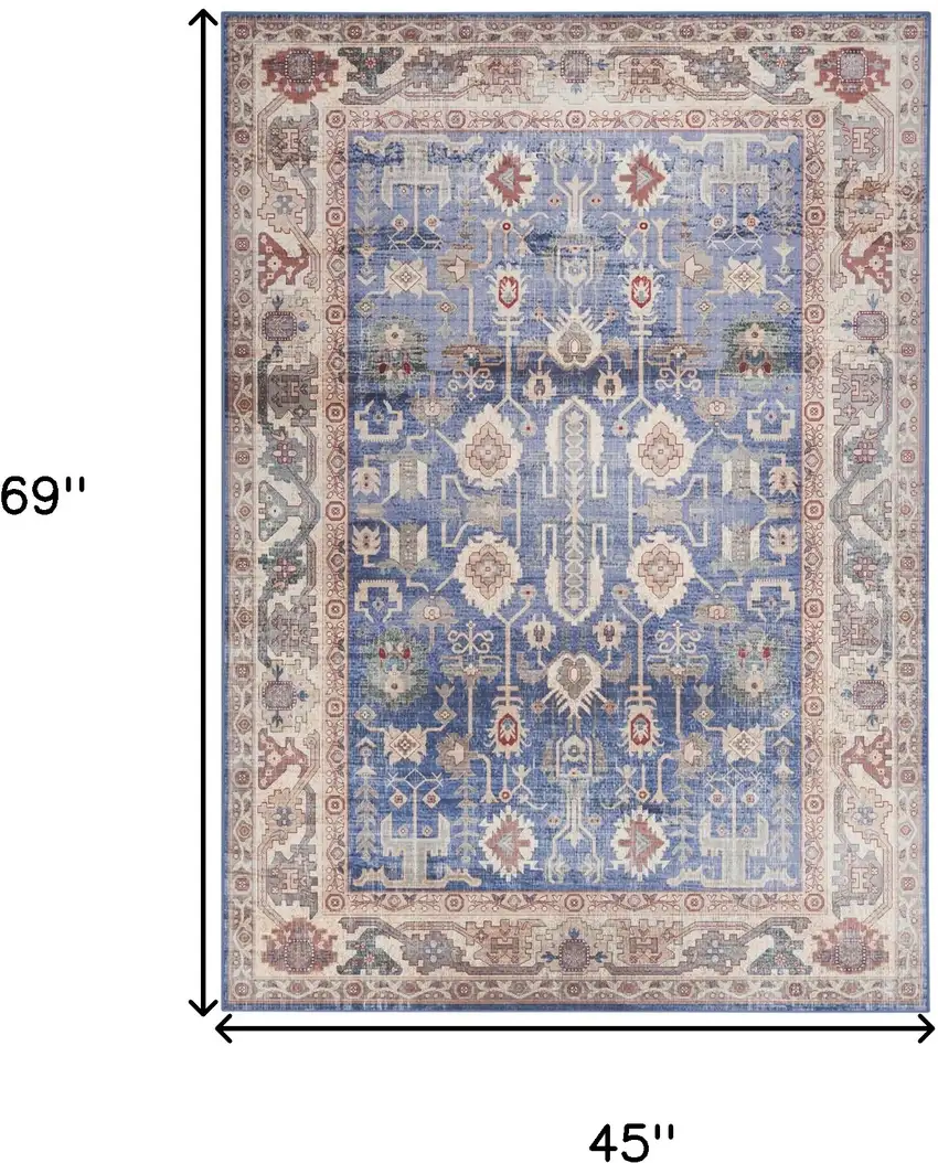 Beige Blue and Red Oriental Distressed Non Skid Area Rug Photo 3