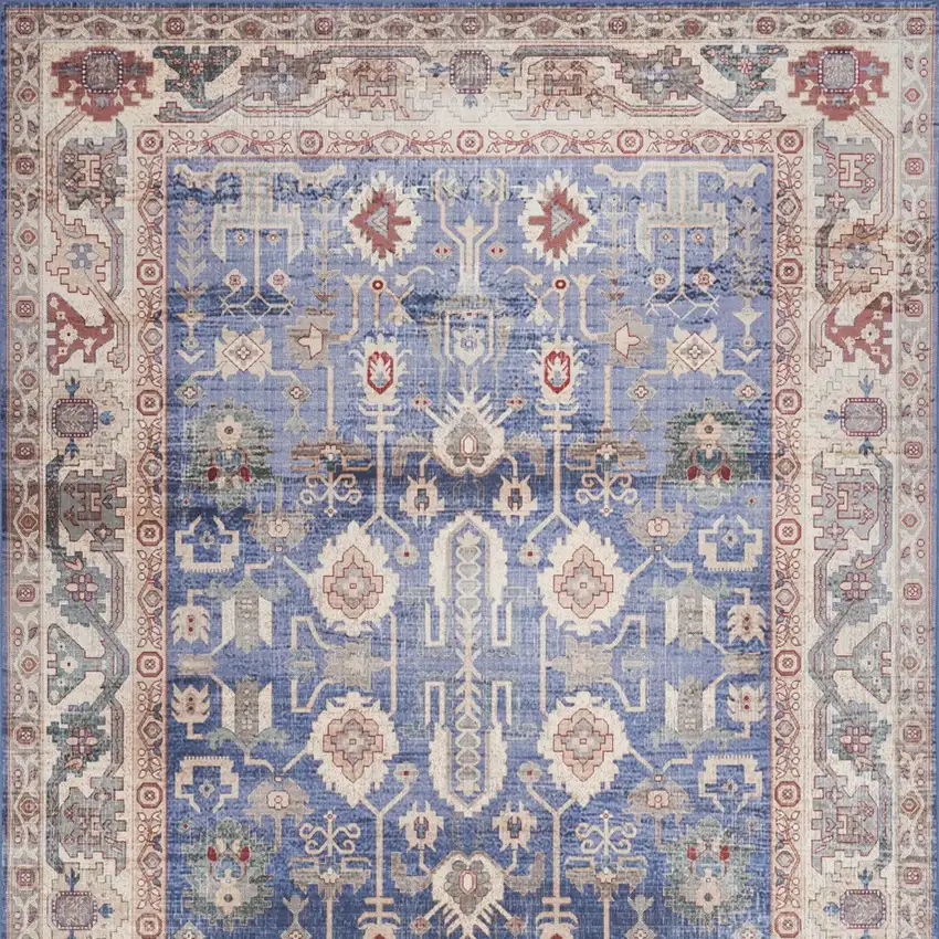 Beige Blue and Red Oriental Distressed Non Skid Area Rug Photo 8
