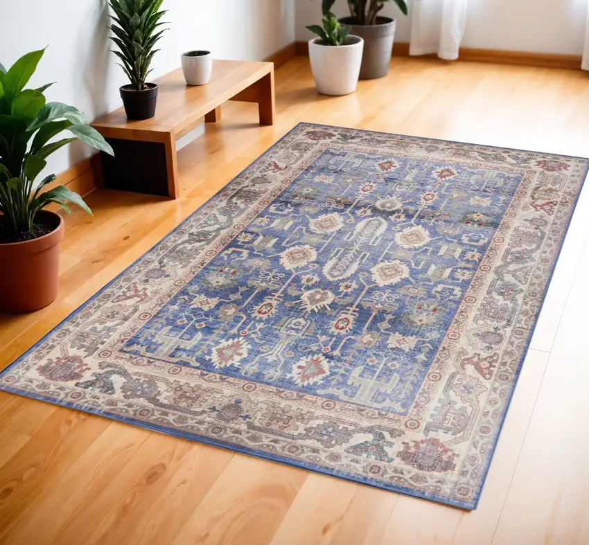 Beige Blue and Red Oriental Distressed Non Skid Area Rug Photo 1