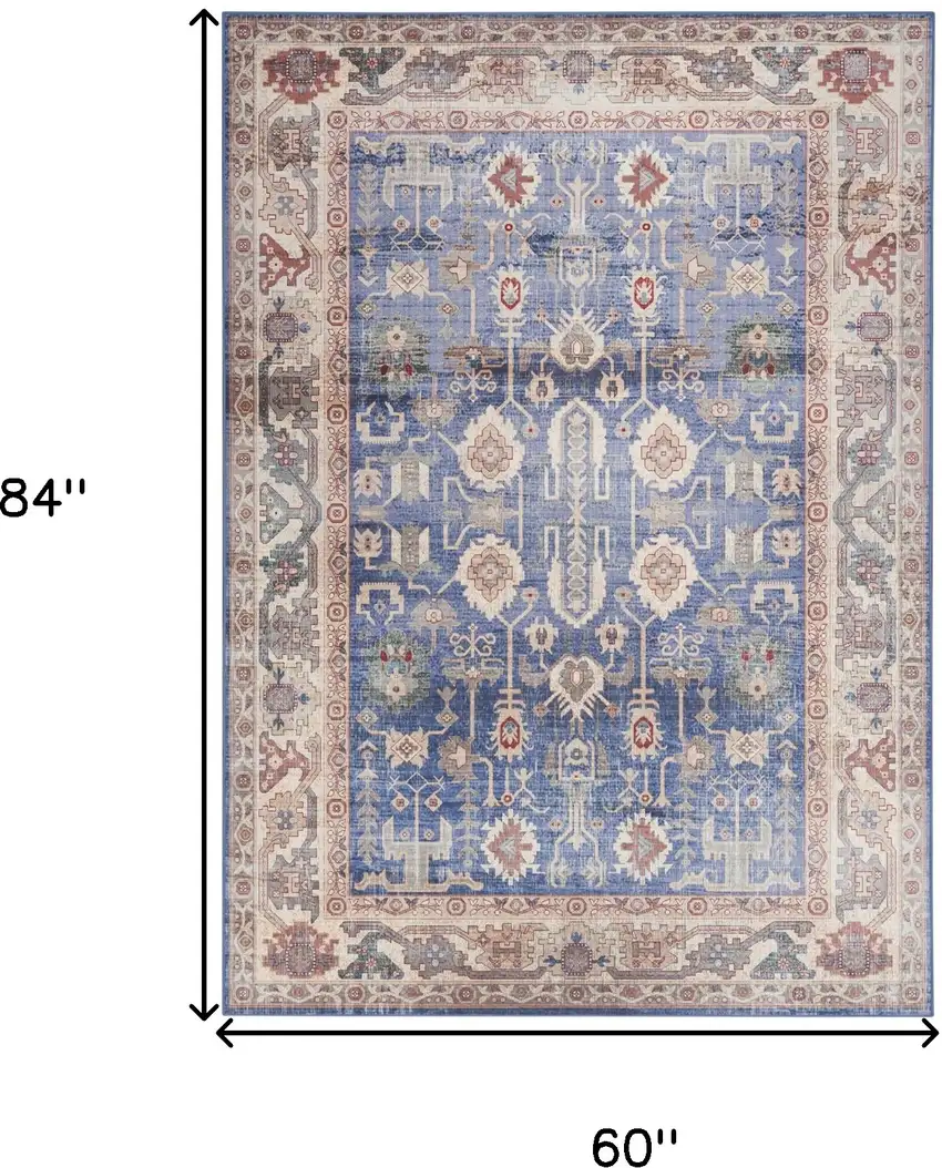 Beige Blue and Red Oriental Distressed Non Skid Area Rug Photo 3