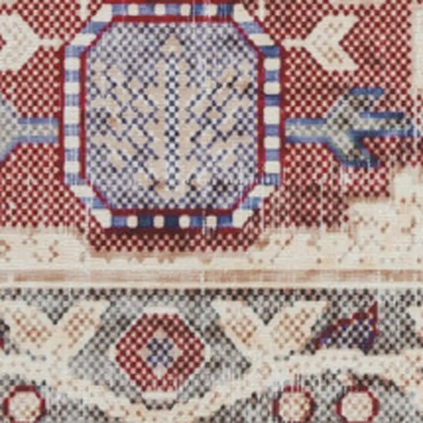 Beige Blue and Red Oriental Distressed Non Skid Area Rug Photo 1