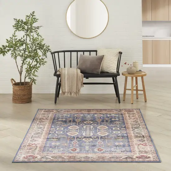 Beige Blue and Red Oriental Distressed Non Skid Area Rug Photo 6