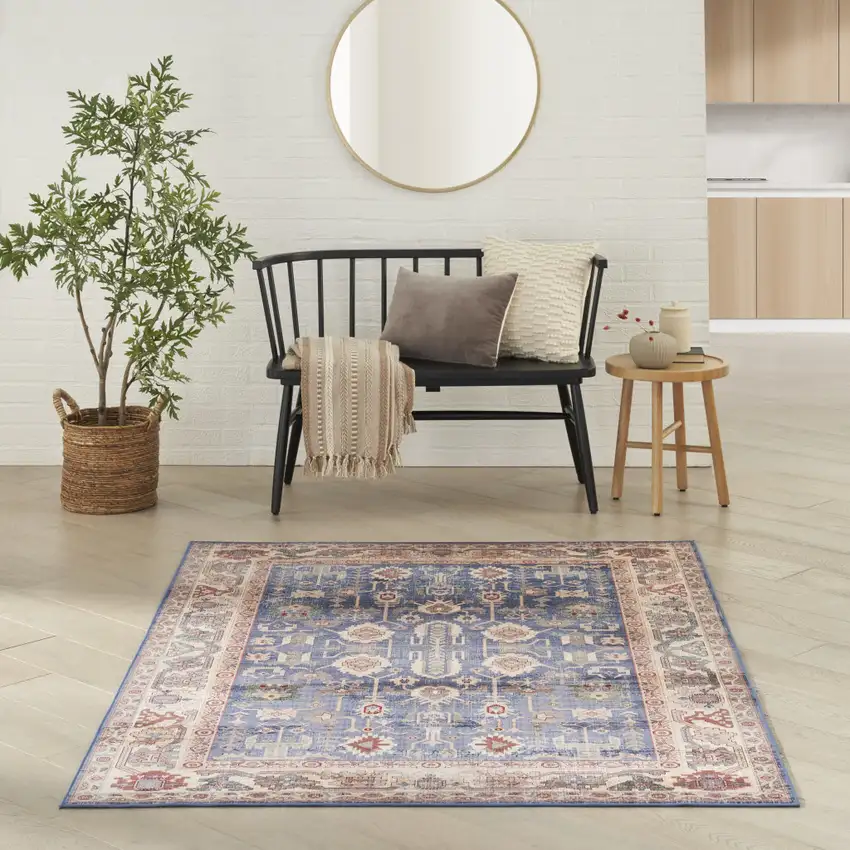 Beige Blue and Red Oriental Distressed Non Skid Area Rug Photo 6