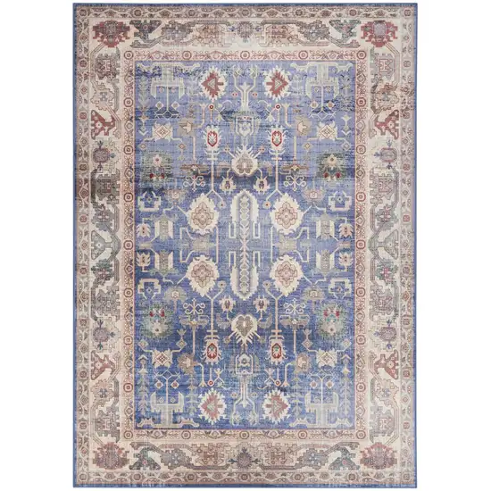 Beige Blue and Red Oriental Distressed Non Skid Area Rug Photo 9