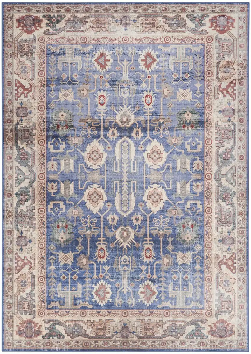 Beige Blue and Red Oriental Distressed Non Skid Area Rug Photo 9