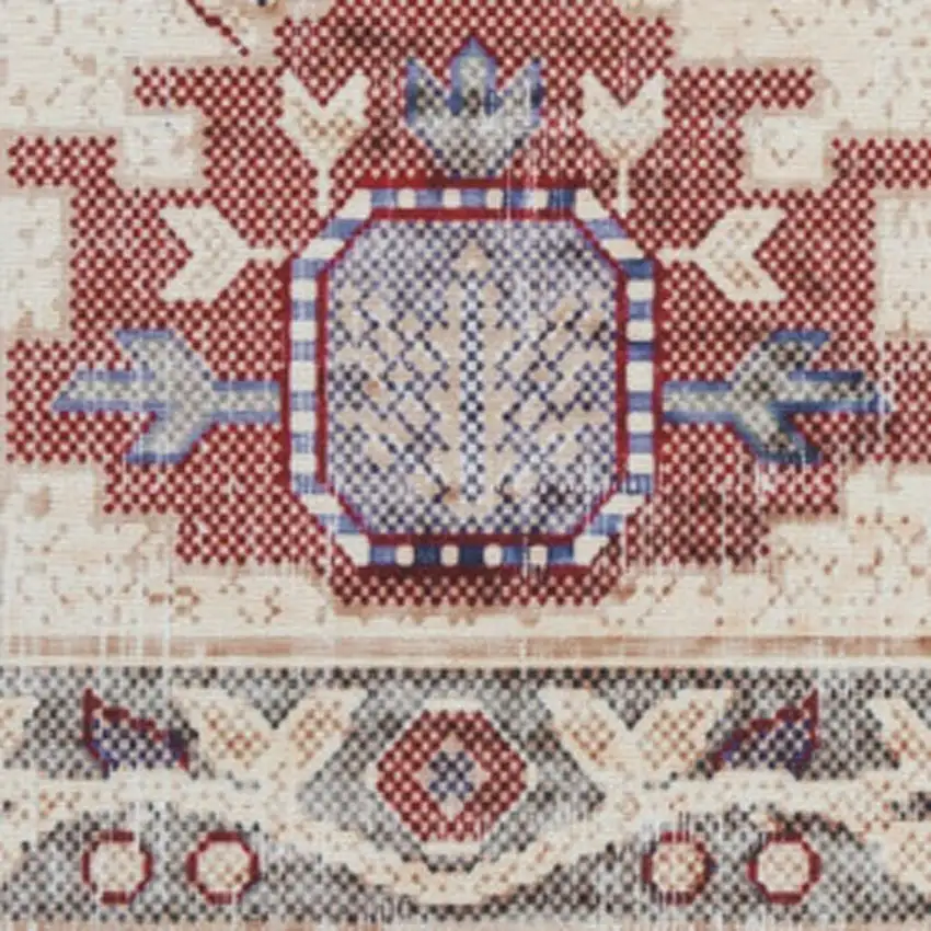 Beige Blue and Red Oriental Distressed Non Skid Area Rug Photo 4