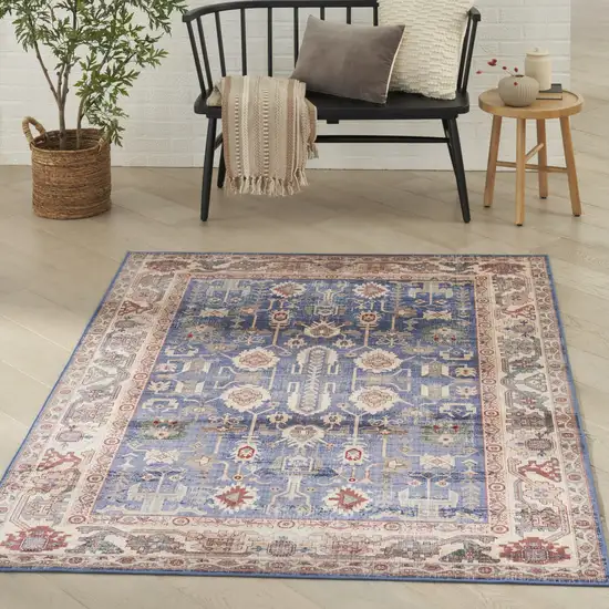 Beige Blue and Red Oriental Distressed Non Skid Area Rug Photo 5