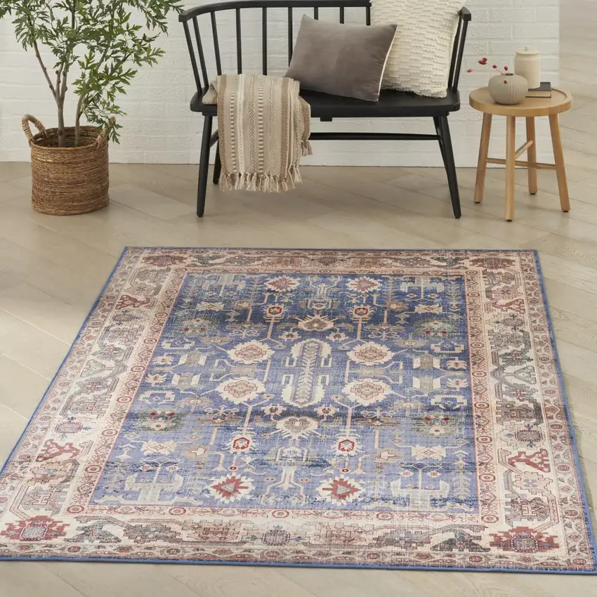 Beige Blue and Red Oriental Distressed Non Skid Area Rug Photo 5