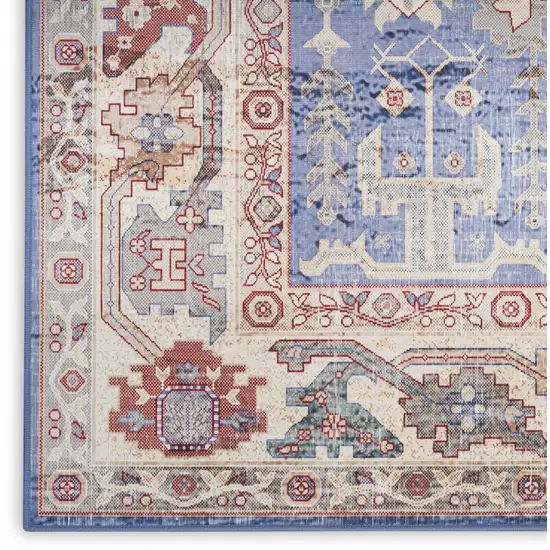 Beige Blue and Red Oriental Distressed Non Skid Area Rug Photo 3