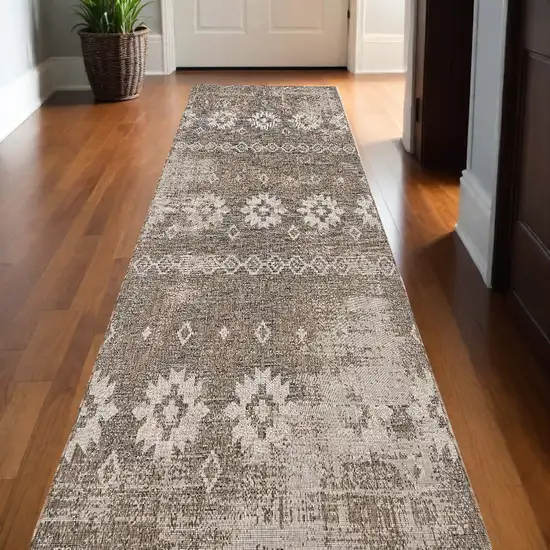 10' Gray And Ivory Ikat Runner Rug Photo 1