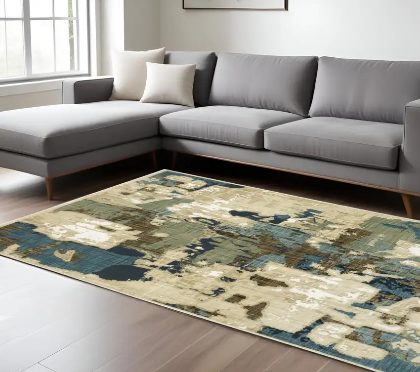 Beige Brown And Blue Abstract Area Rug Photo 1