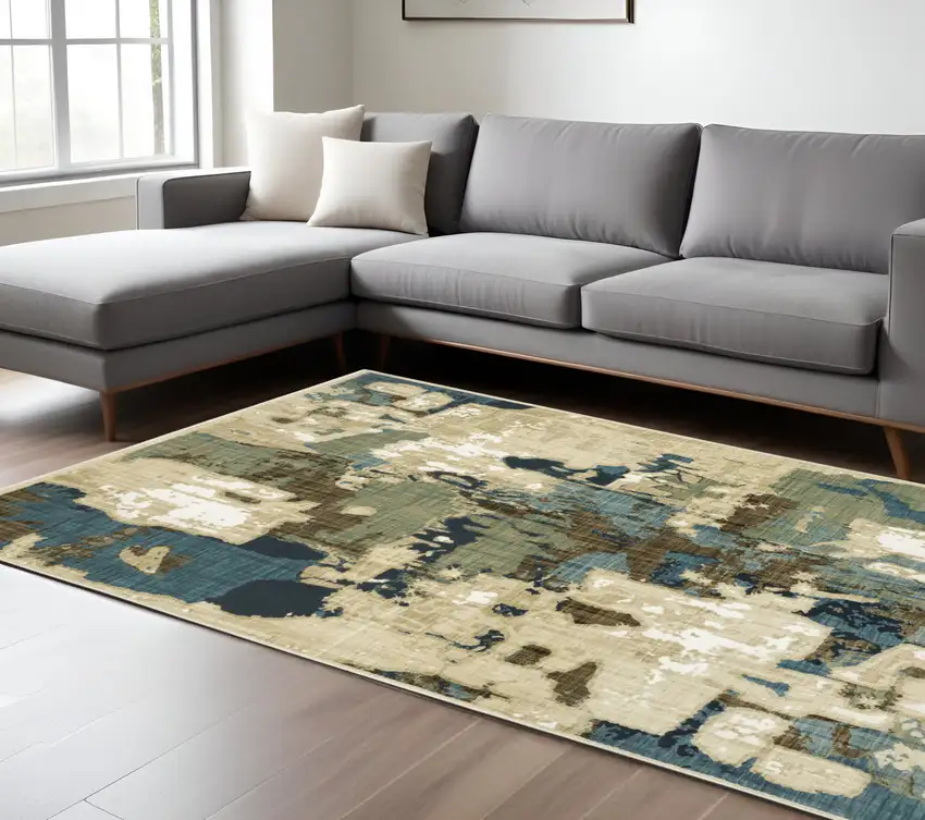 Beige Brown And Blue Abstract Area Rug Photo 1