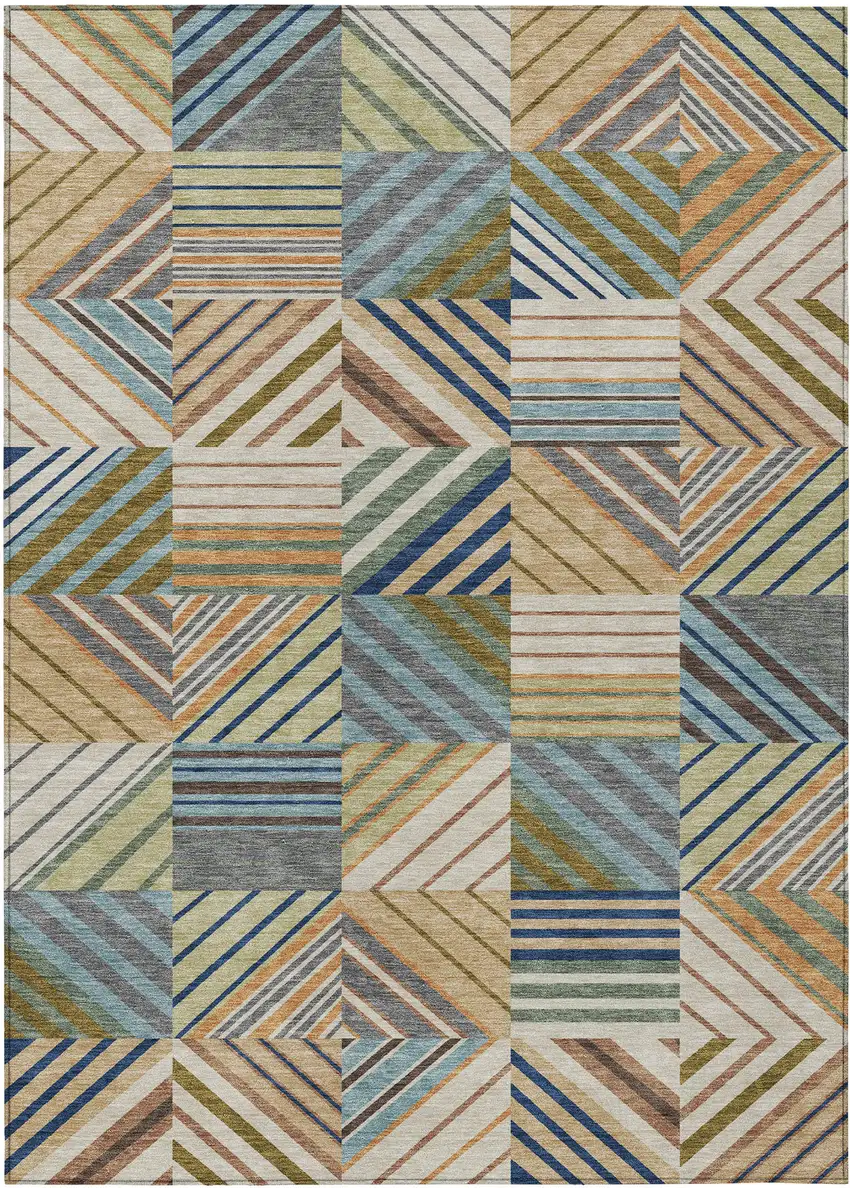 Beige Brown And Blue Patchwork Washable Indoor Outdoor Area Rug Photo 8