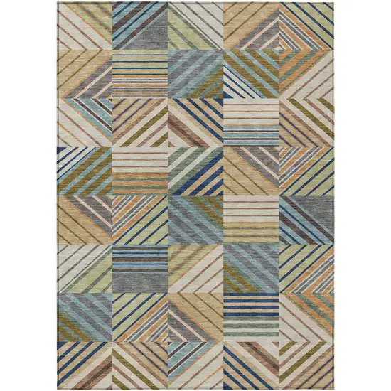 Beige Brown And Blue Patchwork Washable Indoor Outdoor Area Rug Photo 7