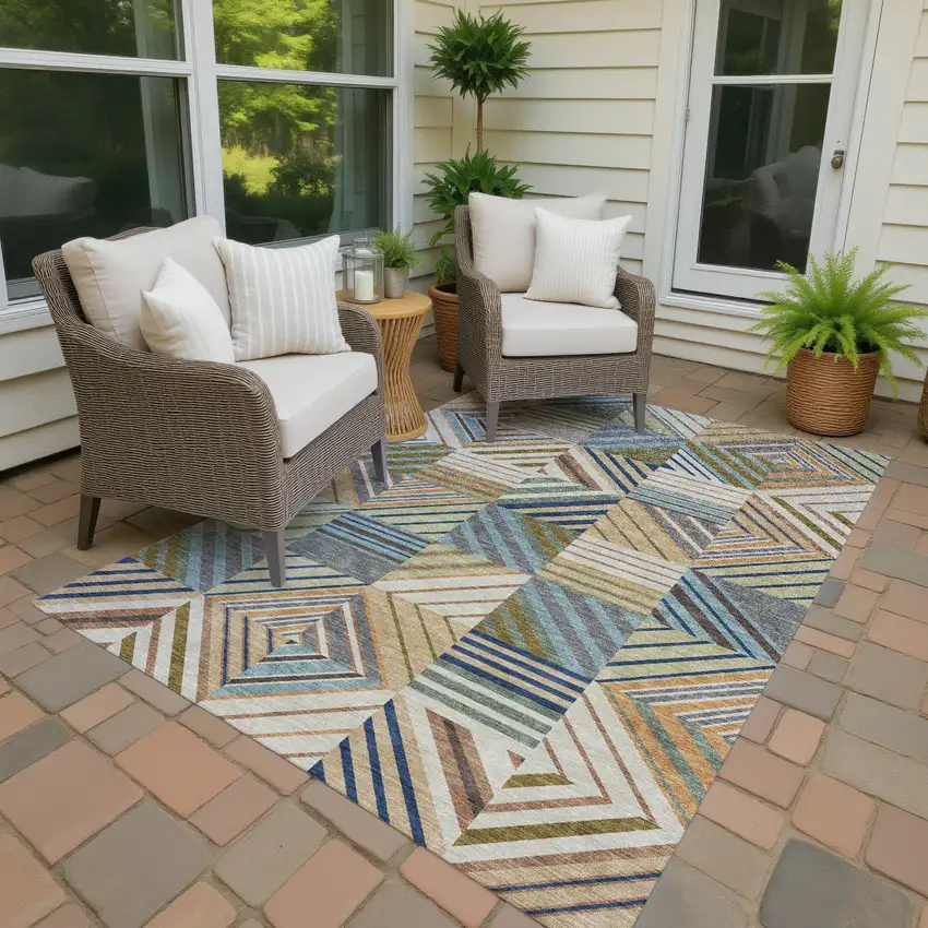 Beige Brown And Blue Patchwork Washable Indoor Outdoor Area Rug Photo 4