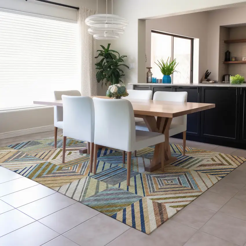 Beige Brown And Blue Patchwork Washable Indoor Outdoor Area Rug Photo 6