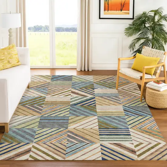 Beige Brown And Blue Patchwork Washable Indoor Outdoor Area Rug Photo 5