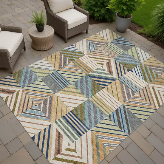 Beige Brown And Blue Patchwork Washable Indoor Outdoor Area Rug Photo 5