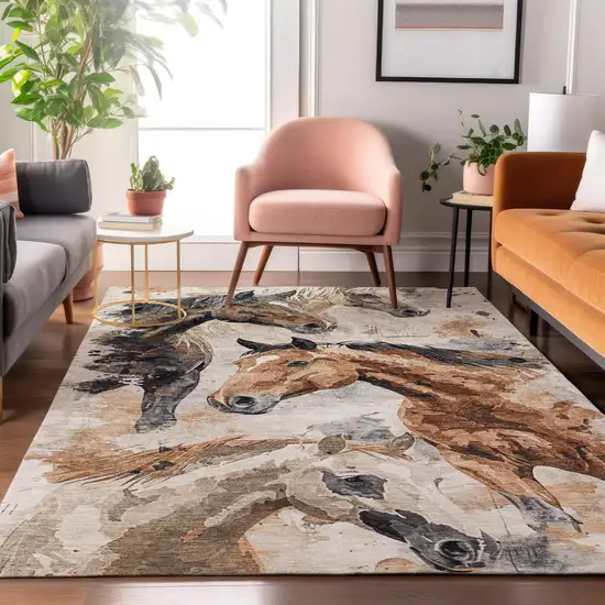 Beige Brown And Charcoal Animal Print Washable Area Rug With UV Protection Photo 4