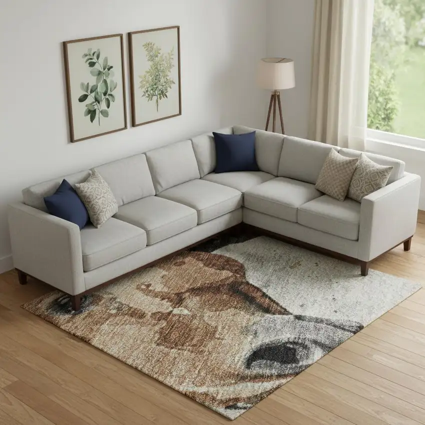 Beige Brown And Charcoal Animal Print Washable Area Rug With UV Protection Photo 2