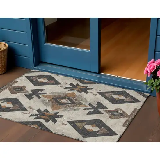 Beige Brown And Charcoal Aztec Washable Indoor Outdoor Area Rug Photo 2