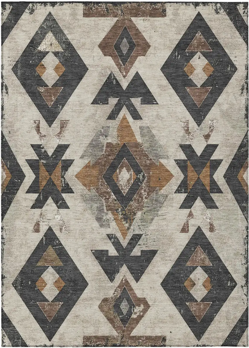 Beige Brown And Charcoal Aztec Washable Indoor Outdoor Area Rug Photo 1