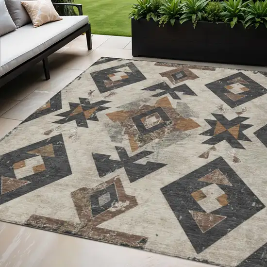 Beige Brown And Charcoal Aztec Washable Indoor Outdoor Area Rug Photo 2