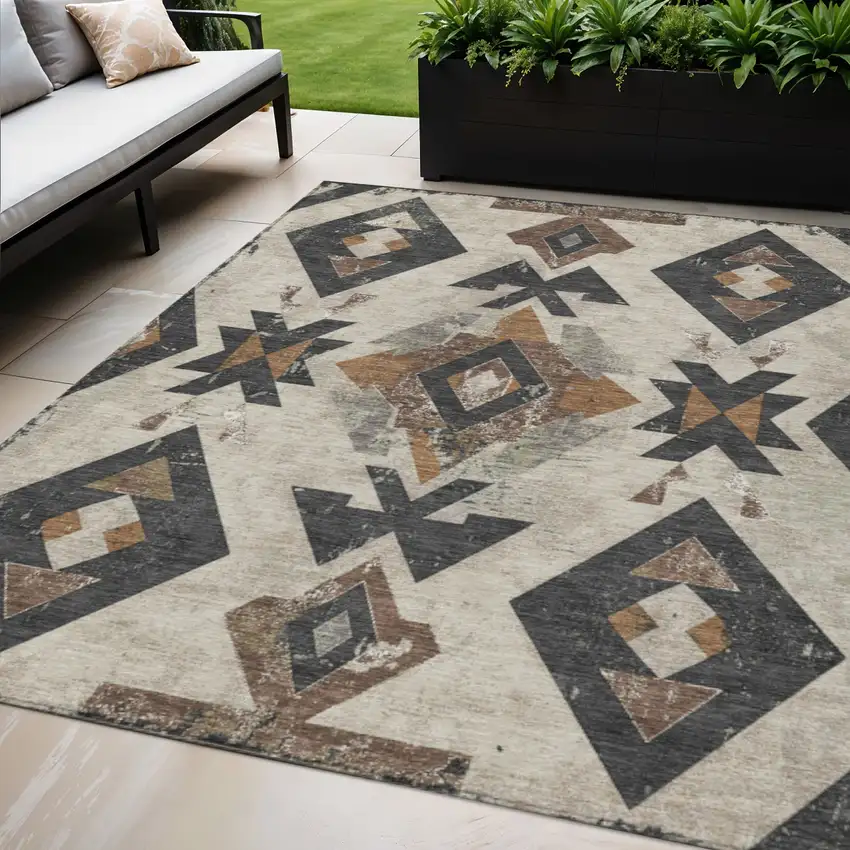 Beige Brown And Charcoal Aztec Washable Indoor Outdoor Area Rug Photo 2