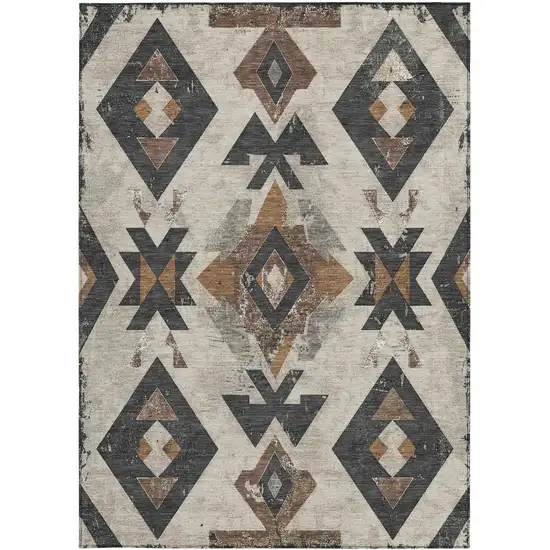 Beige Brown And Charcoal Aztec Washable Indoor Outdoor Area Rug Photo 4
