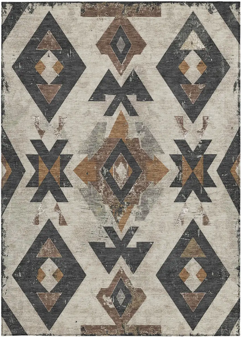 Beige Brown And Charcoal Aztec Washable Indoor Outdoor Area Rug Photo 4