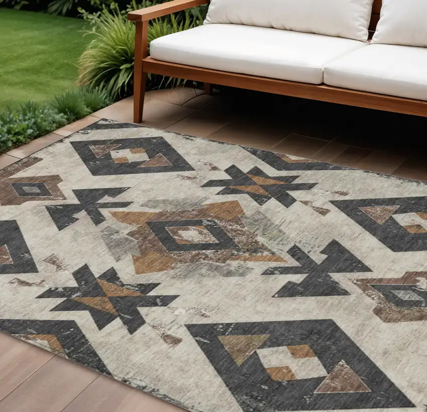 Beige Brown And Charcoal Aztec Washable Indoor Outdoor Area Rug Photo 2