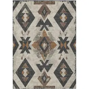 Photo of Beige Brown And Charcoal Aztec Washable Indoor Outdoor Area Rug