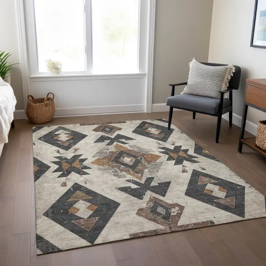 Beige Brown And Charcoal Aztec Washable Indoor Outdoor Area Rug Photo 7