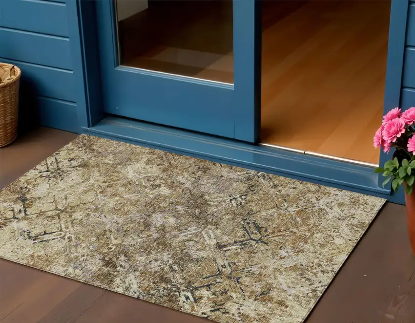 Beige Brown And Copper Geometric Washable Indoor Outdoor Area Rug Photo 1