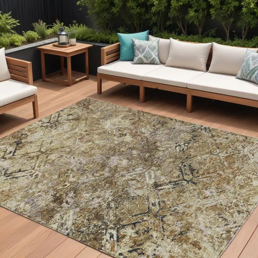 Beige Brown And Copper Geometric Washable Indoor Outdoor Area Rug Photo 1