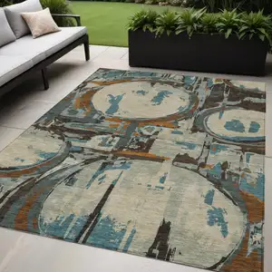 Photo of Beige Brown And Copper Geometric Washable Indoor Outdoor Area Rug