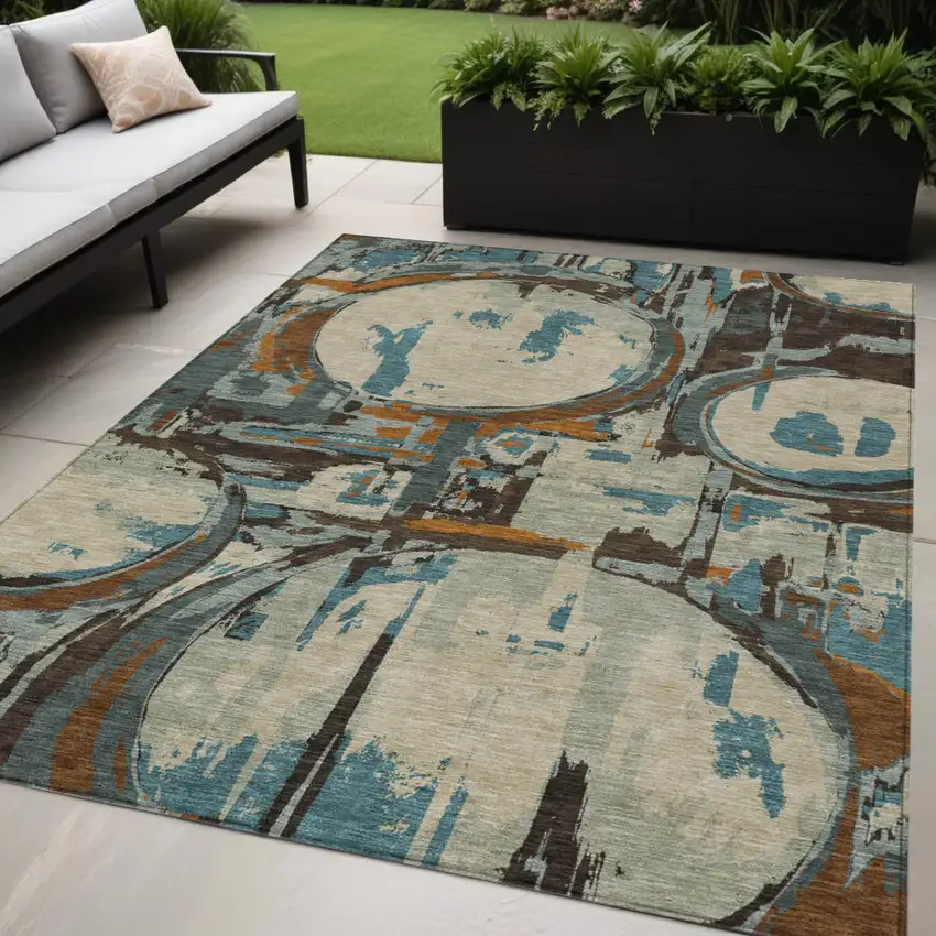Beige Brown And Copper Geometric Washable Indoor Outdoor Area Rug Photo 1